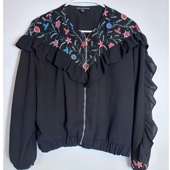 Zara Jackets & Blazers - Zara TRF Black Embroidered Floral Ruffle Bomber Jacket Womens Medium Zip Up Boho